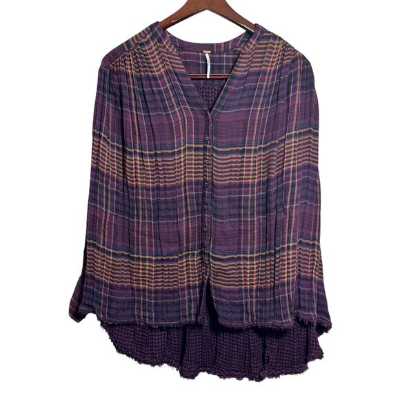 Free People Come On Over Plaid Tunic Button Pleated Hi Lo Fray Purple Gold Sz XS - Picture 1 of 9